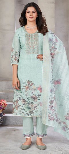 Green color Salwar Kameez in Linen fabric with Floral, Resham, Sequence, Zari work