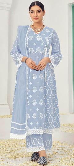 Blue color Salwar Kameez in Cotton fabric with Embroidered, Thread work