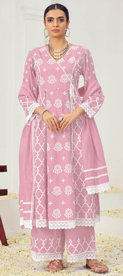 Pink and Majenta color Salwar Kameez in Cotton fabric with Embroidered, Thread work