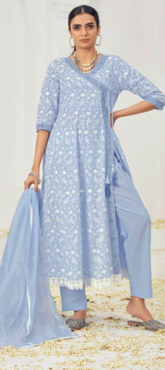 Blue color Salwar Kameez in Cotton fabric with Embroidered, Thread work