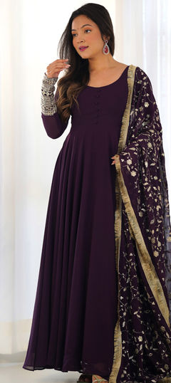 Engagement, Festive, Reception Purple and Violet color Salwar Kameez in Faux Georgette fabric with Anarkali Embroidered, Sequence, Zari work : 1957409