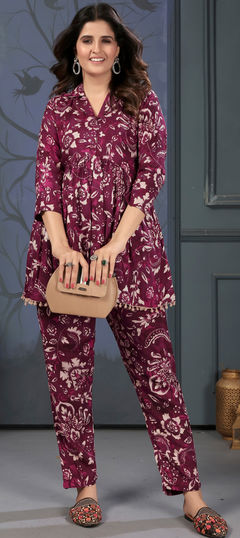 Purple and Violet color Co-ords Set in Rayon fabric with Floral, Printed work