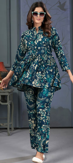 Blue color Co-ords Set in Rayon fabric with Floral, Printed work