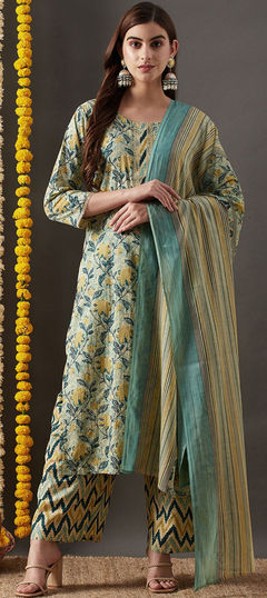 Festive, Party Wear Blue color Salwar Kameez in Cotton fabric with Straight Floral, Printed work : 1957416