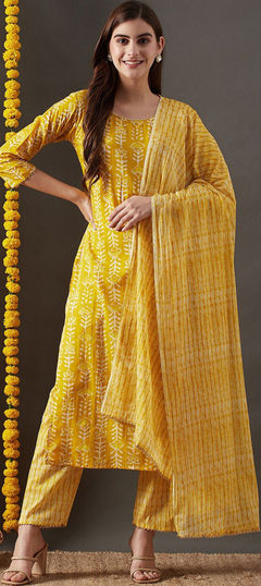 Festive, Party Wear Yellow color Salwar Kameez in Cotton fabric with Straight Floral, Printed work : 1957417