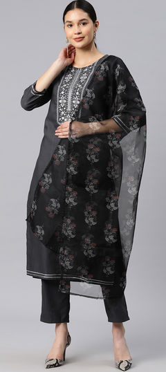 Festive, Party Wear Black and Grey color Salwar Kameez in Cotton fabric with Straight Embroidered, Thread work : 1957419