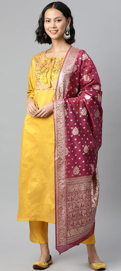 Festive, Party Wear Yellow color Salwar Kameez in Art Silk fabric with Straight Embroidered, Thread work : 1957420