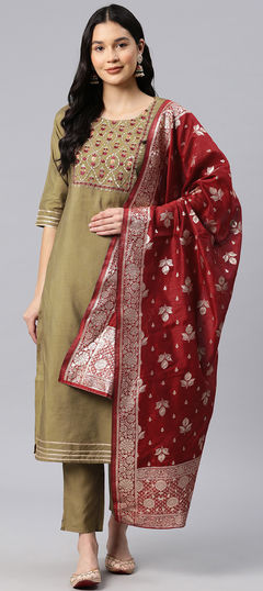 Beige and Brown color Salwar Kameez in Art Silk fabric with Embroidered, Thread work