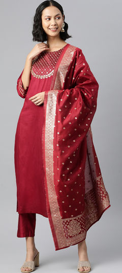 Red and Maroon color Salwar Kameez in Art Silk fabric with Embroidered, Thread work