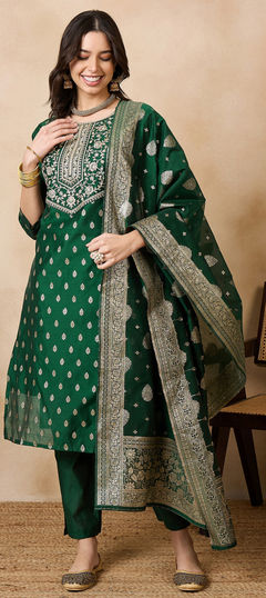 Green color Salwar Kameez in Chanderi Silk fabric with Embroidered, Thread work