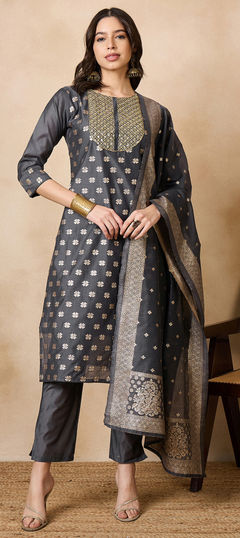 Black and Grey color Salwar Kameez in Chanderi Silk fabric with Embroidered, Thread work