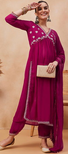 Pink and Majenta color Salwar Kameez in Georgette fabric with Embroidered, Sequence work