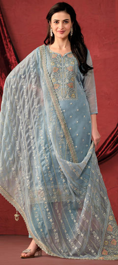 Black and Grey color Salwar Kameez in Organza Silk fabric with Embroidered, Resham, Thread work