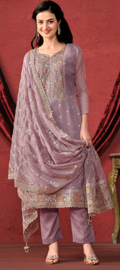 Purple and Violet color Salwar Kameez in Organza Silk fabric with Embroidered, Resham, Thread work