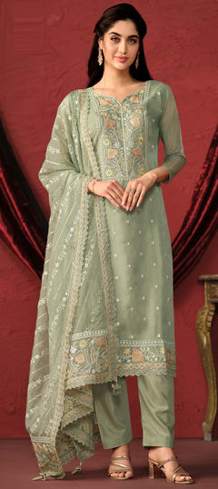 Green color Salwar Kameez in Organza Silk fabric with Embroidered, Resham, Thread work