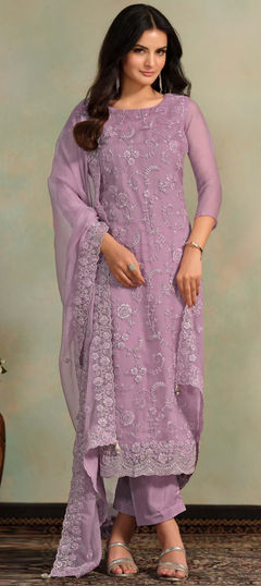 Purple and Violet color Salwar Kameez in Organza Silk fabric with Embroidered, Resham, Sequence, Thread work