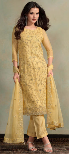 Yellow color Salwar Kameez in Organza Silk fabric with Embroidered, Resham, Sequence, Thread work