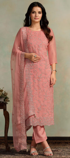 Pink and Majenta color Salwar Kameez in Organza Silk fabric with Embroidered, Resham, Sequence, Thread work