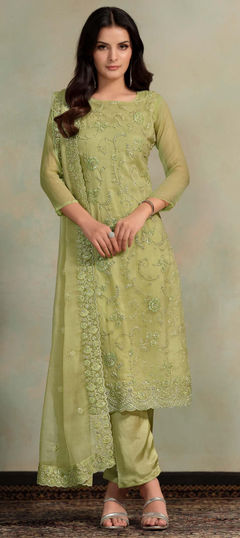 Green color Salwar Kameez in Organza Silk fabric with Embroidered, Resham, Sequence, Thread work