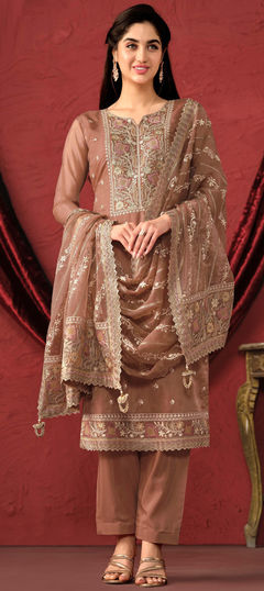 Beige and Brown color Salwar Kameez in Organza Silk fabric with Embroidered, Resham, Thread work