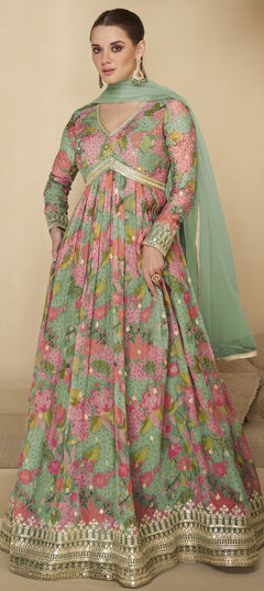 Engagement, Festive, Reception Green, Pink and Majenta color Gown in Georgette fabric with Embroidered, Floral, Printed, Stone, Thread, Zari work : 1957492