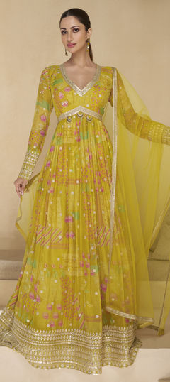 Engagement, Festive, Reception Green color Gown in Georgette fabric with Printed, Sequence, Thread, Zari work : 1957495