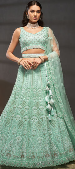 Bridal, Engagement, Wedding Blue color Lehenga in Net fabric with Flared Cut Dana, Embroidered, Sequence, Zircon work : 1957514