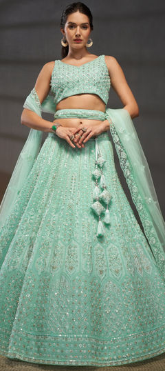 Bridal, Engagement, Wedding Blue color Lehenga in Net fabric with Flared Cut Dana, Embroidered, Sequence, Zircon work : 1957519