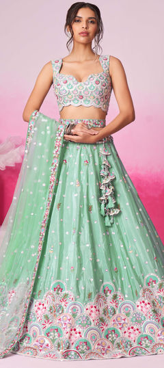 Bridal, Engagement, Wedding Green color Lehenga in Georgette fabric with Flared Embroidered, Sequence, Thread work : 1957530