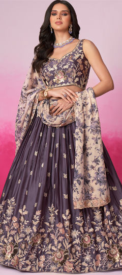 Bridal, Engagement, Wedding Purple and Violet color Lehenga in Satin Silk fabric with Flared Embroidered, Sequence, Thread work : 1957531