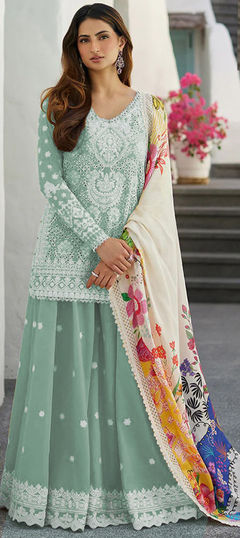 Festive, Reception Green color Salwar Kameez in Rayon fabric with Straight Embroidered, Sequence, Thread work : 1957557