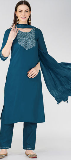 Blue color Salwar Kameez in Blended Cotton fabric with Embroidered, Sequence, Thread work