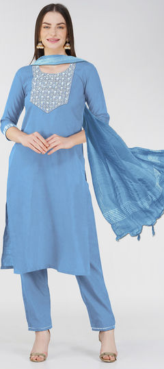 Blue color Salwar Kameez in Blended Cotton fabric with Embroidered, Sequence, Thread work