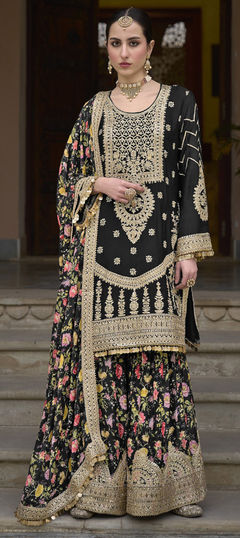 Bridal, Engagement, Wedding Black and Grey color Salwar Kameez in Silk fabric with Palazzo, Straight Embroidered, Floral, Printed, Sequence, Thread, Zari work : 1957576