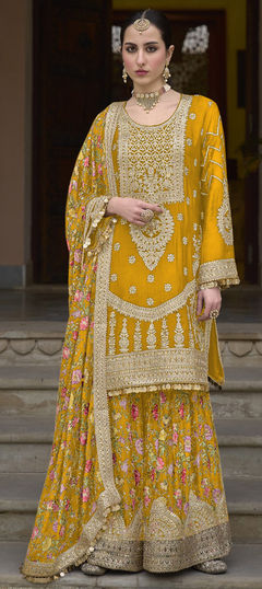 Yellow color Salwar Kameez in Silk fabric with Embroidered, Floral, Printed, Sequence, Thread, Zari work