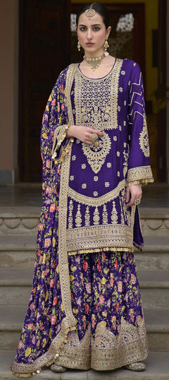 Bridal, Engagement, Wedding Purple and Violet color Salwar Kameez in Silk fabric with Palazzo, Straight Embroidered, Floral, Printed, Sequence, Thread, Zari work : 1957579