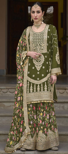 Bridal, Engagement, Wedding Green color Salwar Kameez in Silk fabric with Palazzo, Straight Embroidered, Floral, Printed, Sequence, Thread, Zari work : 1957580