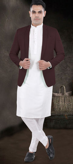 White and Off White color Kurta Pyjama with Jacket in Silk fabric with Thread work