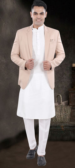 White and Off White color Kurta Pyjama with Jacket in Silk fabric with Thread work