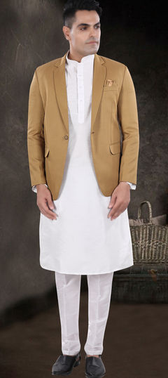 White and Off White color Kurta Pyjama with Jacket in Silk fabric with Thread work