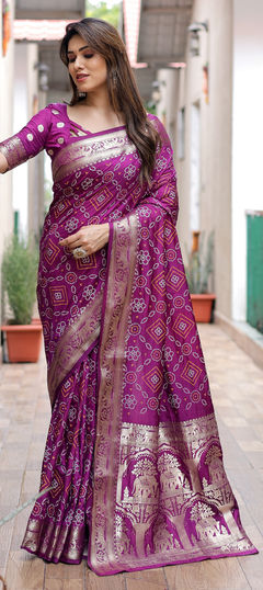 Purple and Violet color Saree in Art Silk fabric with Bandhej, Printed, Weaving, Zari work