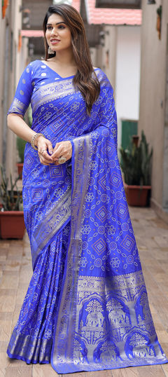 Blue color Saree in Art Silk fabric with Bandhej, Printed, Weaving, Zari work