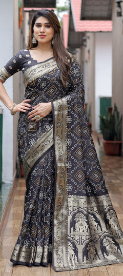 Black and Grey color Saree in Art Silk fabric with Bandhej, Printed, Weaving, Zari work