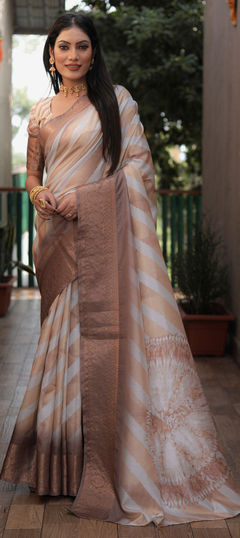 Festive, Party Wear, Traditional Beige and Brown color Saree in Art Silk fabric with Rajasthani, South Digital Print, Weaving, Zari work : 1957620