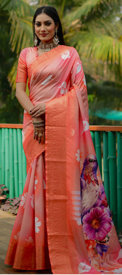 Orange color Saree in Art Silk fabric with Digital Print, Weaving work