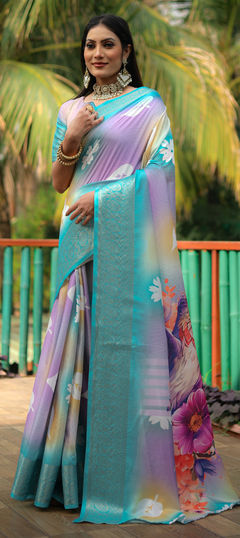 Blue color Saree in Art Silk fabric with Digital Print, Weaving work