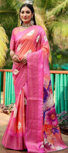 Pink and Majenta color Saree in Art Silk fabric with Digital Print, Weaving work