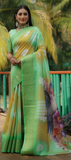 Green color Saree in Art Silk fabric with Digital Print, Weaving work