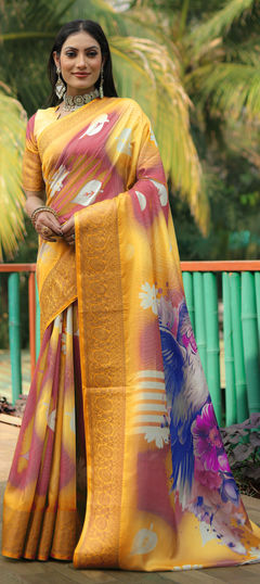 Yellow color Saree in Art Silk fabric with Digital Print, Weaving work