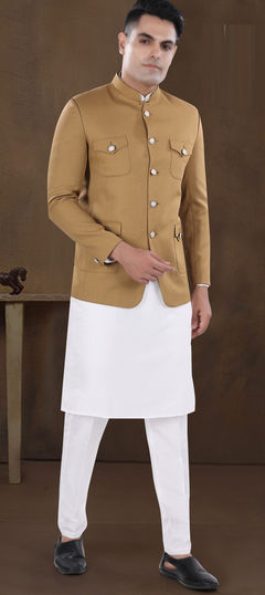 Beige and Brown color Jodhpuri Suit in Silk fabric with Thread work